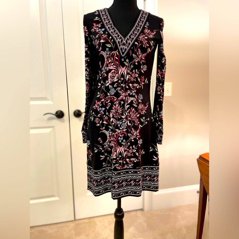 White House Black Market shift dress with neckline embellishments.